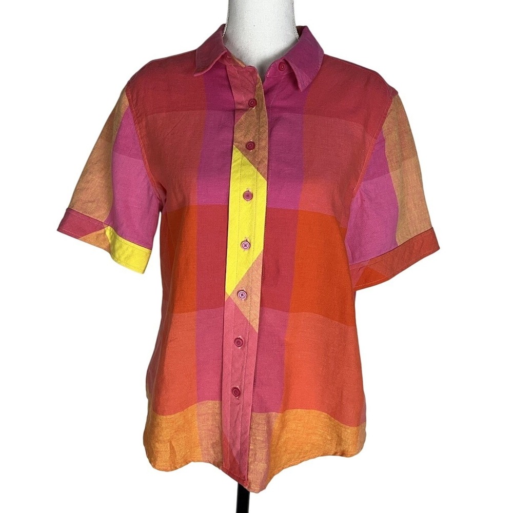 Liz Claiborne‎ Size L Square Yellow Pink Orange Plaid Short Sleeve Blouse